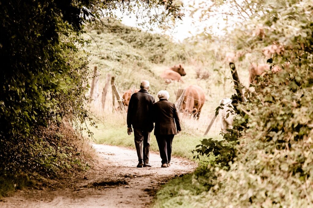 elderly couple walking; SSA requires work credits