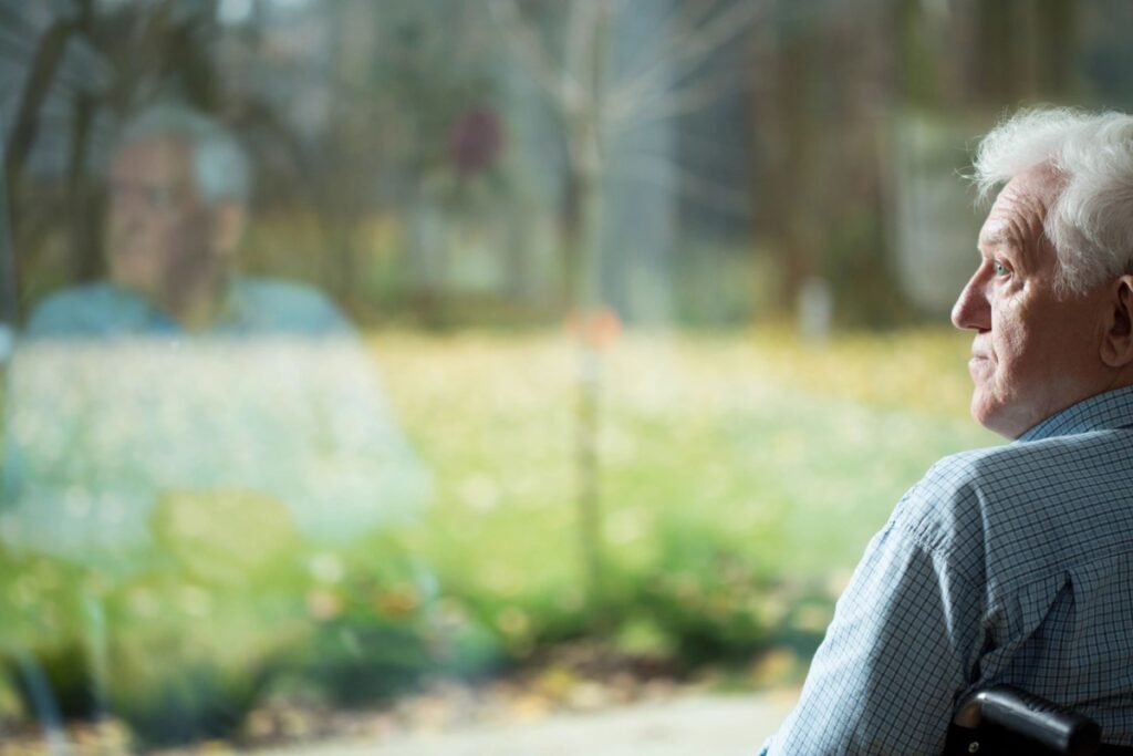 elderly individual looking out window, contemplating benefit cuts